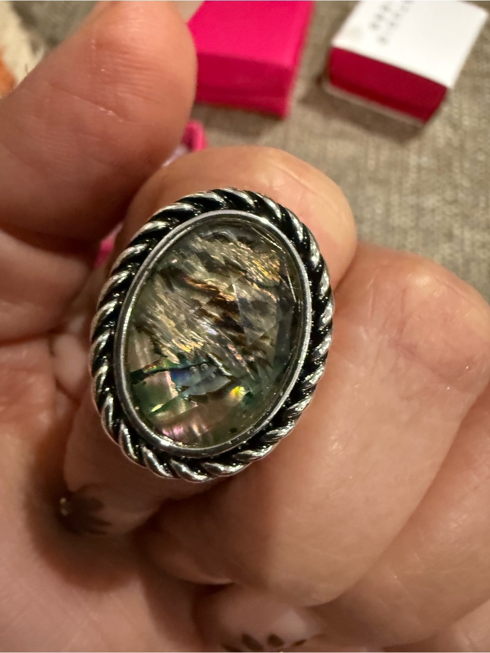 Avon Abalone Oval Ring in Iridescent Green and Gold